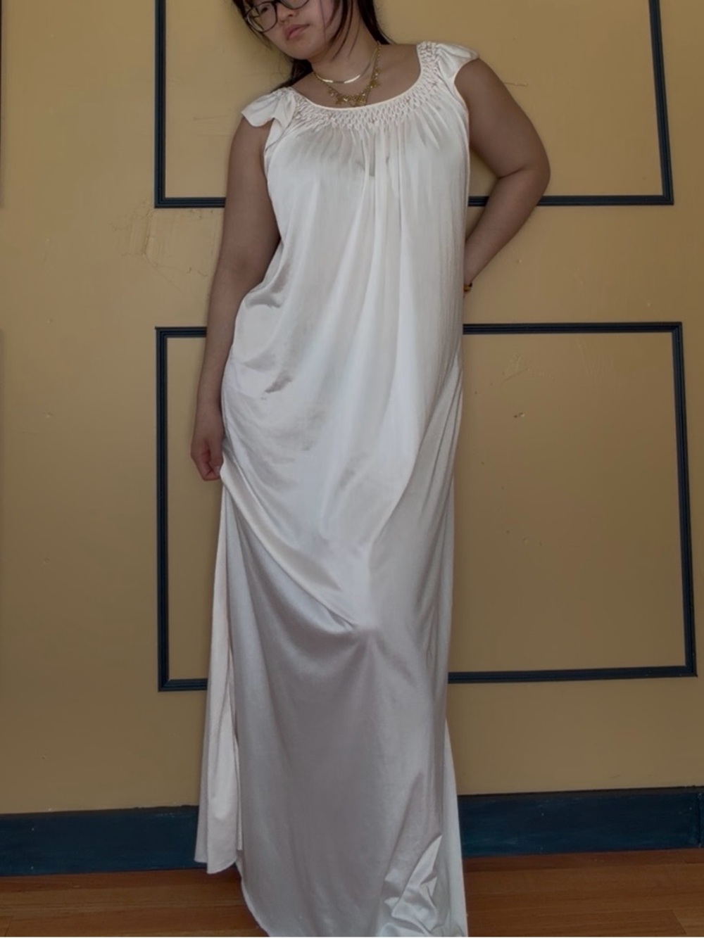 Vintage Cream/White Silky Slip Dress